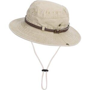 Unisex Khaki 100% Cotton Wide Brim Boonie With Chin Strap Classic Bucket Sun Hat